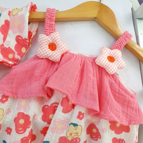  S51 _ Bộ bodysuit cho bé gái áo 2 dây in hoa kèm mũ xinh xắn _ Beekids 