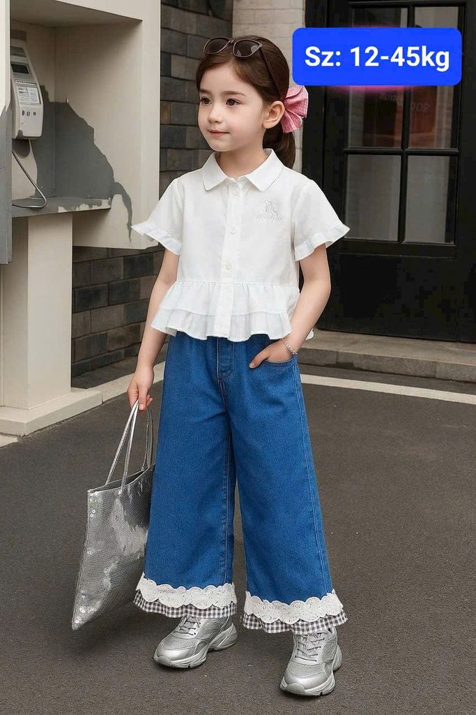  S54 _ Set áo sơ mi croptop quần jean ống suông phối ren cho bé gái từ 12kg đến 45kg _ Beekids 