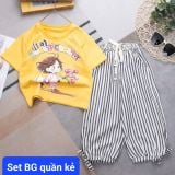  S57 - Set bé gái quần dài sọc phối áo thun họa tiết cô gái đính nơ siêu đáng yêu _ Beekids 