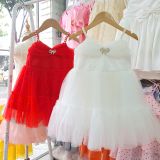  CC13 _ Đầm công chúa thiết kế cho bé mặc đi lễ tiệc 2 dây đính ngọc trai nhúng nơ trước ngực đẹp lung linh _ Beekids 