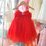  CC13 _ Đầm công chúa thiết kế cho bé mặc đi lễ tiệc 2 dây đính ngọc trai nhúng nơ trước ngực đẹp lung linh _ Beekids 