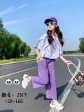  S67 _ Set áo thun quần ống suông bé gái gam màu tím họa tiết thời trang sành điệu _ Beekids 