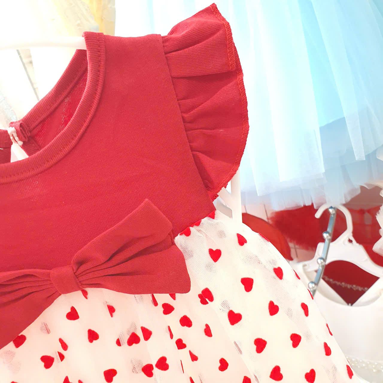  D53 _ Váy đầm bé gái thun cotton tay cánh tiên phối lưới hình trái tim mềm mịn _ Beekids 