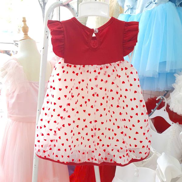  D53 _ Váy đầm bé gái thun cotton tay cánh tiên phối lưới hình trái tim mềm mịn _ Beekids 
