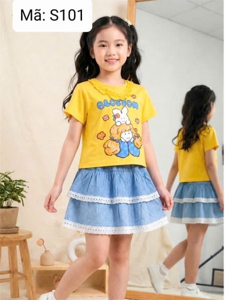  S101 _ Set bé gái chân váy jean denim lai ren phối áo thun in hình cô gái siêu dễ thương  _ Beekids 