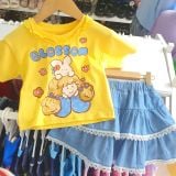  S101 _ Set bé gái chân váy jean denim lai ren phối áo thun in hình cô gái siêu dễ thương  _ Beekids 