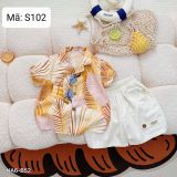  S102 _ Set bộ đi biển cho bé họa tiết hoa lá chất tơ đũi mềm mại thoáng mát _ Beekids 