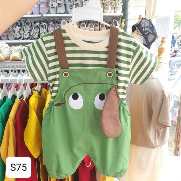  S75 _ Set áo kẻ phối yếm họa tiết chú ếch xanh xinh xắn chất mềm mát _ Beekids 