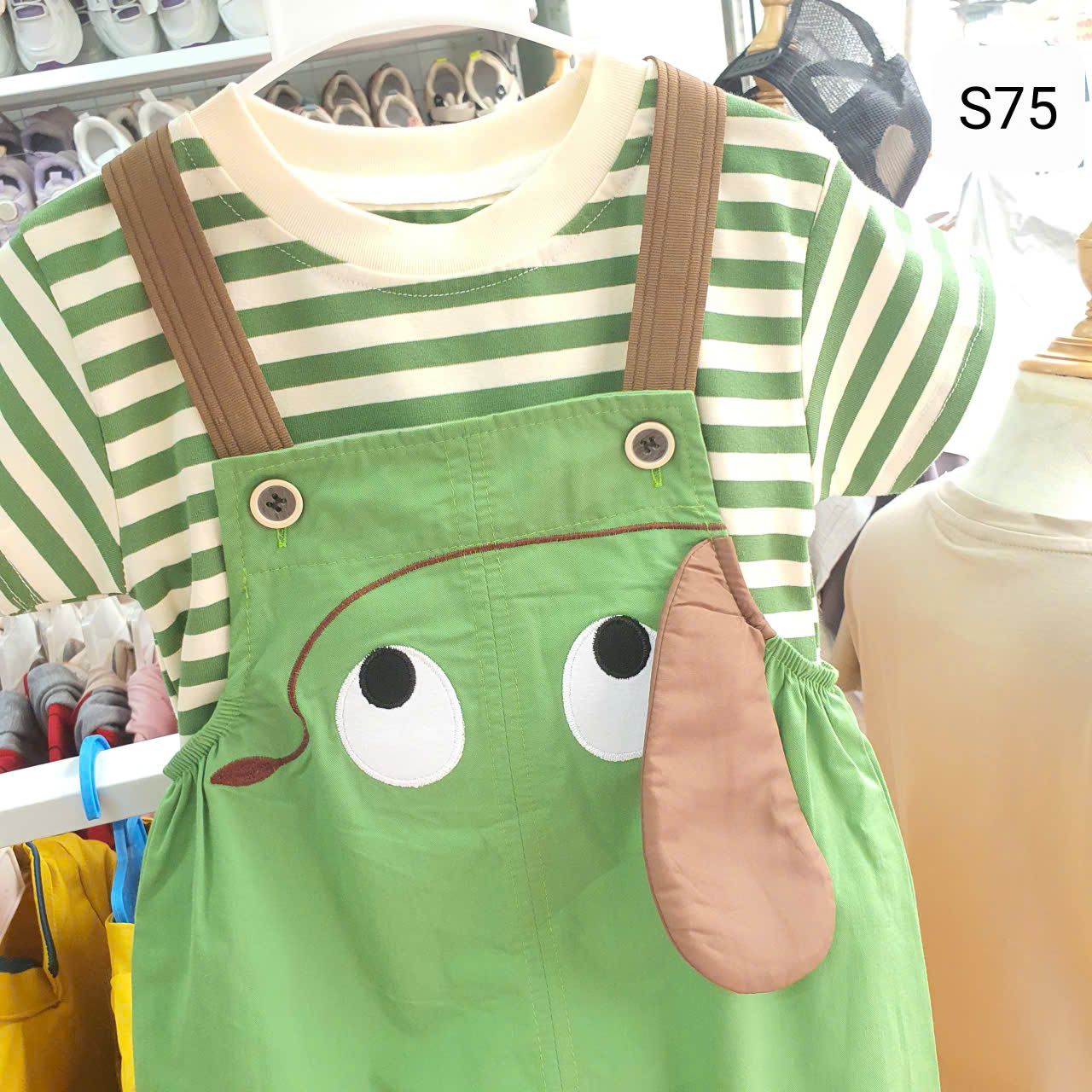  S75 _ Set áo kẻ phối yếm họa tiết chú ếch xanh xinh xắn chất mềm mát _ Beekids 