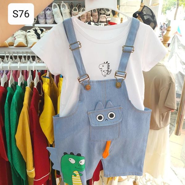  S76 _ Set áo thun phối quần yếm jean denim họa tiết khủng long dễ thương _ Beekids 
