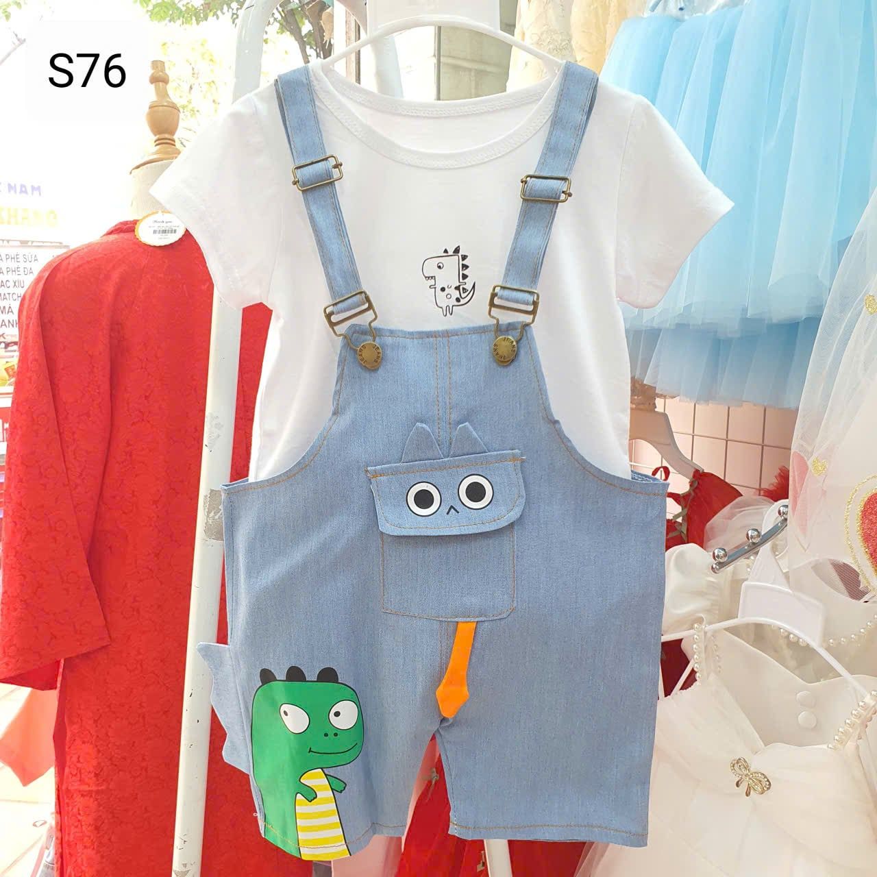  S76 _ Set áo thun phối quần yếm jean denim họa tiết khủng long dễ thương _ Beekids 