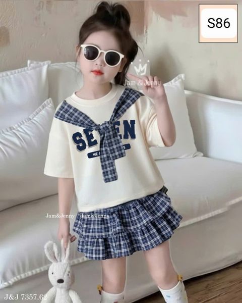  S83 _ Set áo thun có dây thắt phối chân váy kẻ nhiều tầng phong cách thời trang _ Beekids 