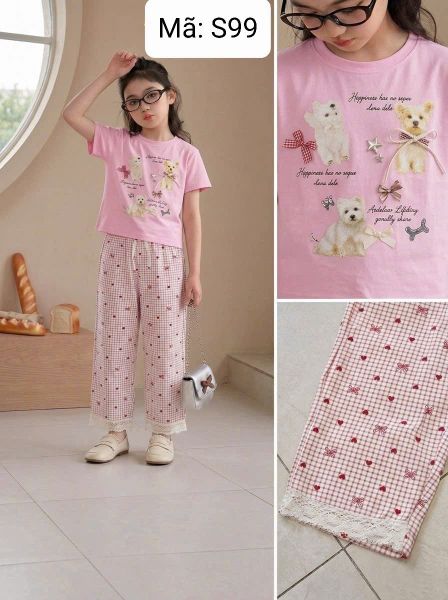  S99 _ Set bé gái quần dài lai ren phối áo thun cotton mềm mịn họa tiết chú chó dễ thương _ Beekids 