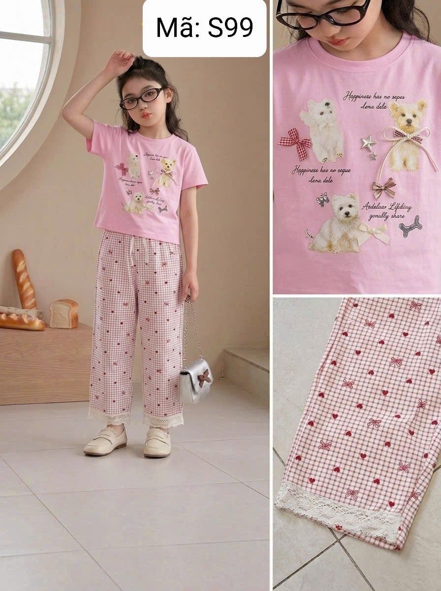  S99 _ Set bé gái quần dài lai ren phối áo thun cotton mềm mịn họa tiết chú chó dễ thương _ Beekids 