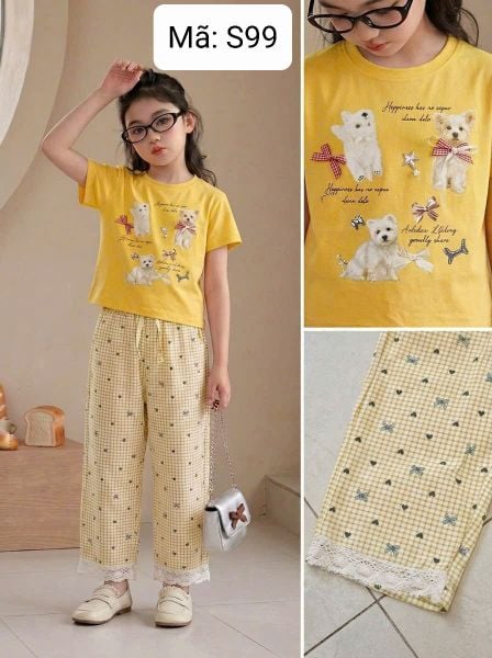  S99 _ Set bé gái quần dài lai ren phối áo thun cotton mềm mịn họa tiết chú chó dễ thương _ Beekids 