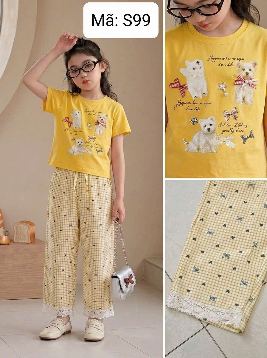  S99 _ Set bé gái quần dài lai ren phối áo thun cotton mềm mịn họa tiết chú chó dễ thương _ Beekids 