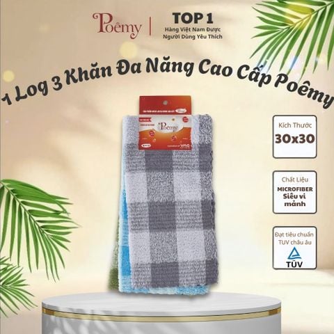 Log 3 Khăn Lau Đa Năng Poêmy 30x30cm | Microfiber Siêu Sạch