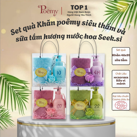 Set quà khăn Poêmy sọc gân 48x95 và sữa tắm hương nước hoa seek.si