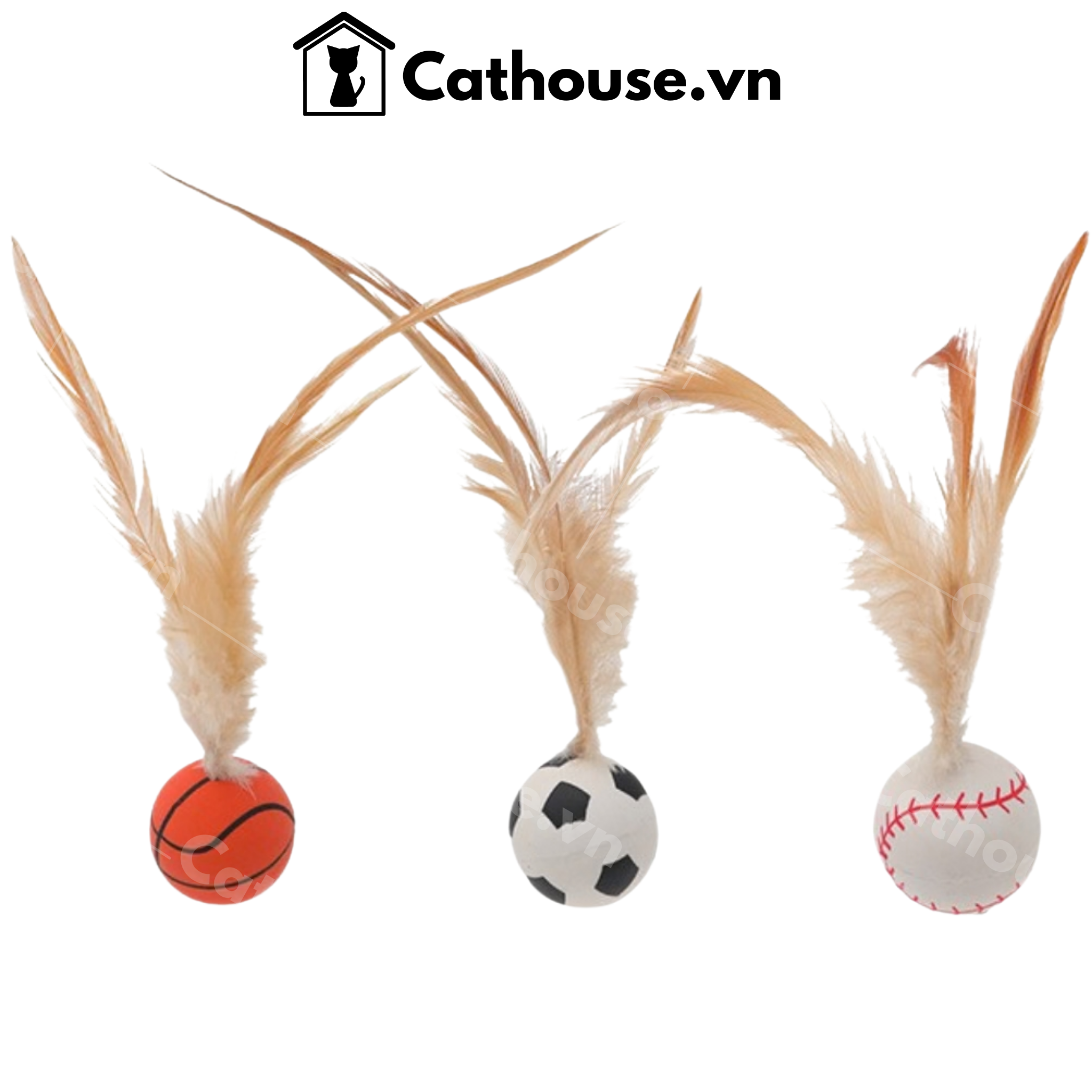  Đồ Chơi Mèo Bóng Rổ Lông Vũ Cao Su 