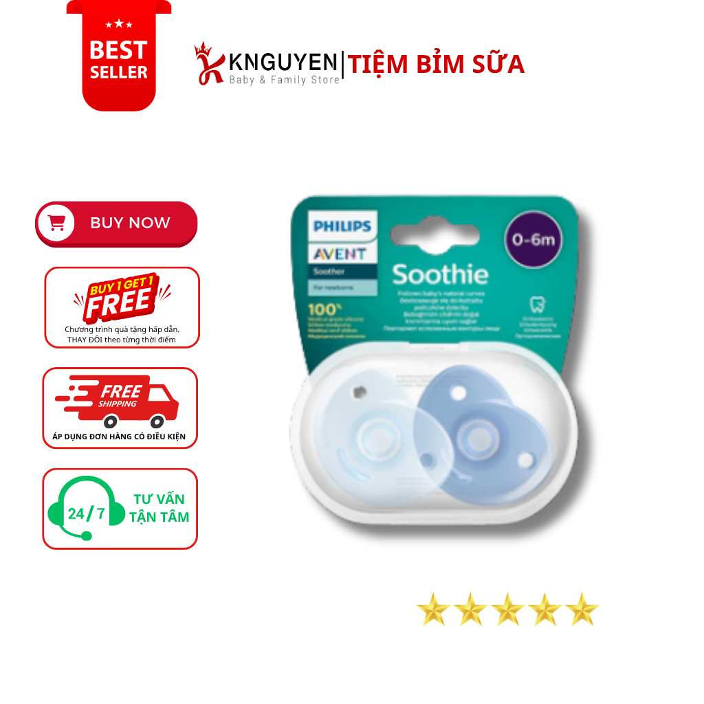  Ty Ngậm Silicon Đúc Nguyên Khối Philips Avent Soothie (0-6M) - Vỉ Đôi 