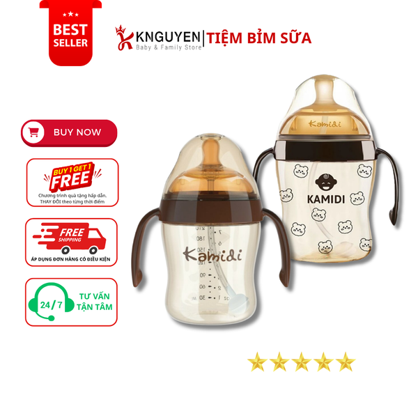  Binh sữa Kamidi Premium PPSU 210ml hoạ tiết (Có Tay Cầm) 