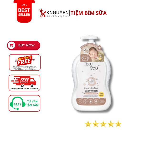  Sữa tắm gội tạo toàn thân cho trẻ sơ sinh hạt bông & vani BZU BZU- 600ml 