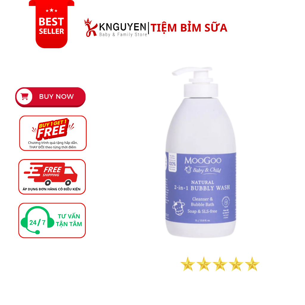  Sữa tắm gội tự nhiên từ cám gạo tạo bọt cho bé 2in1 - Moogoo - 1000ml 