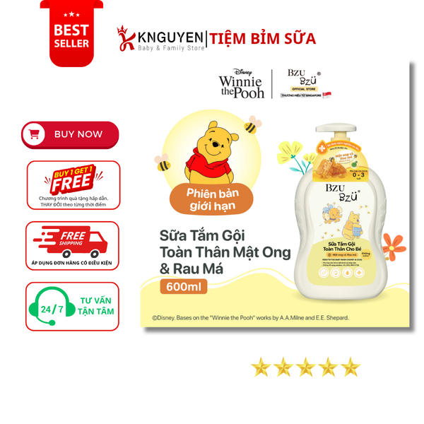  Sữa Tắm Gội Toàn Thân Cho bé Bzu Bzu Mật Ong và Rau Má (600ml) 