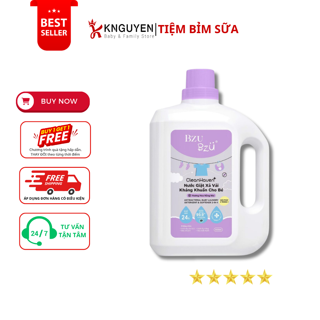  Nước giặt xả vải Sinh Học cho bé 2 trong 1 BZU BZU  (3000ml) 