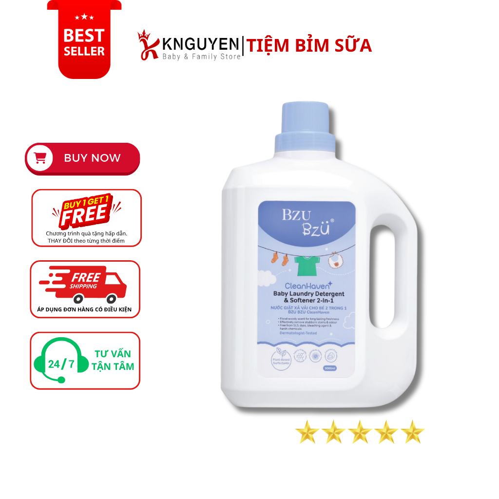  Nước giặt xả vải Sinh Học cho bé 2 trong 1 BZU BZU  (3000ml) 