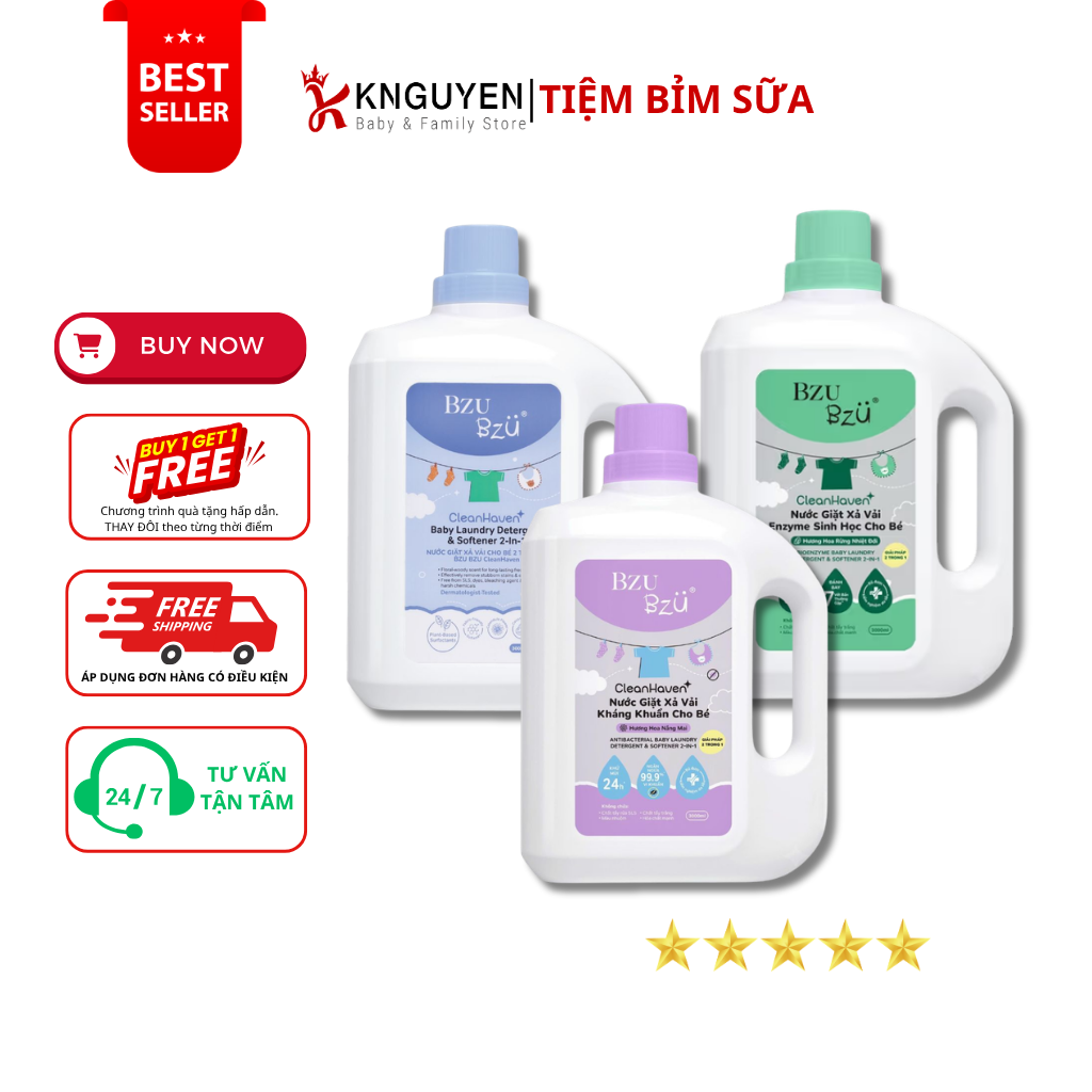  Nước giặt xả vải Sinh Học cho bé 2 trong 1 BZU BZU  (3000ml) 