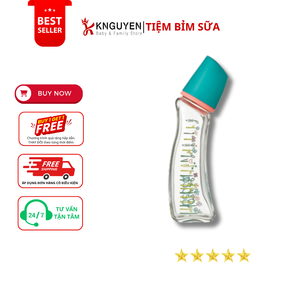  Bình Sữa Beta Thuỷ Tinh Cổ Hẹp GF5 Flower (Kèm Núm) 