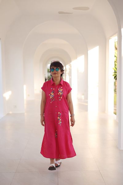  Đầm chemise linen thêu Pansee - Hồng Sen 