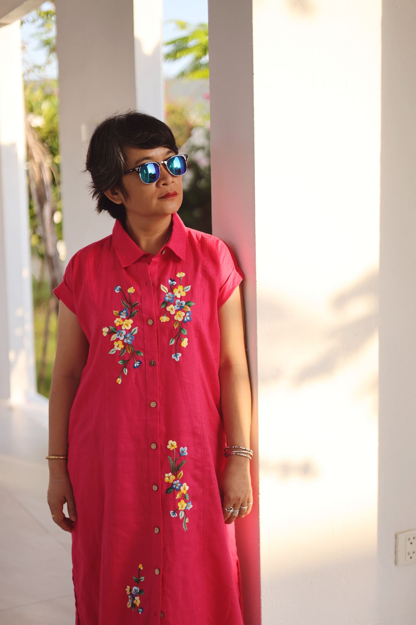  Đầm chemise linen thêu Pansee - Hồng Sen 