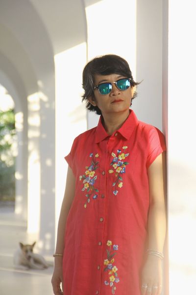  Đầm chemise linen thêu Pansee - Hồng Sen 