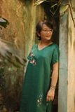  Đầm linen thêu tay hoa đăng tiêu - Xanh Két nút hông 