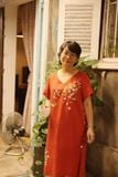  Đầm linen thêu tay Xuyến Chi - Cam Đỏ nút hông 