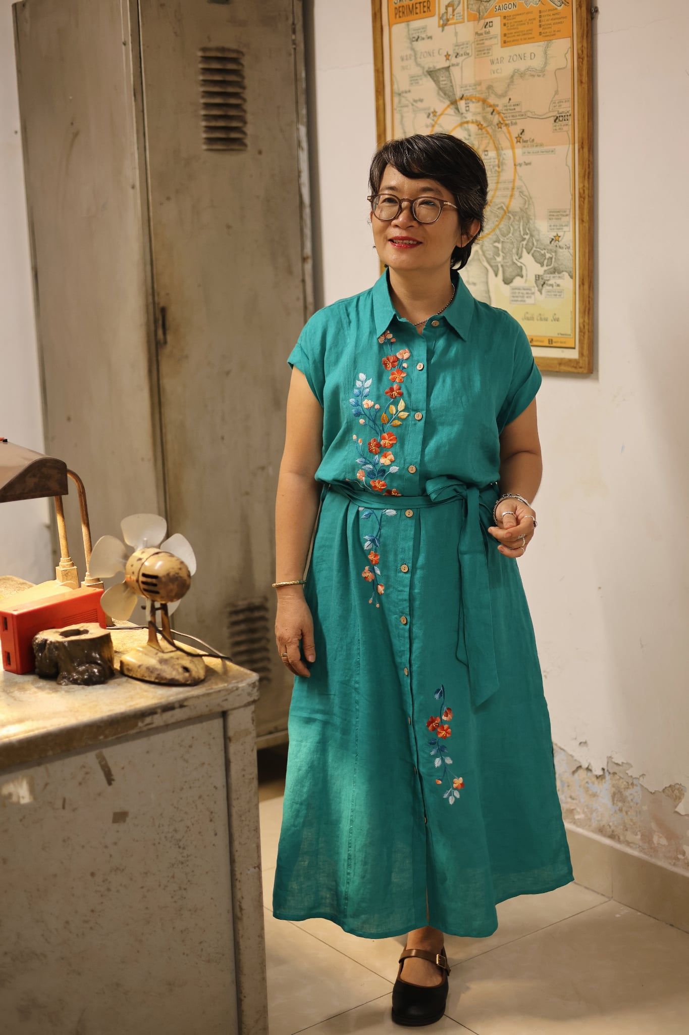  Đầm chemise linen thêu tay Đăng Tiêu - Xanh Lơ 