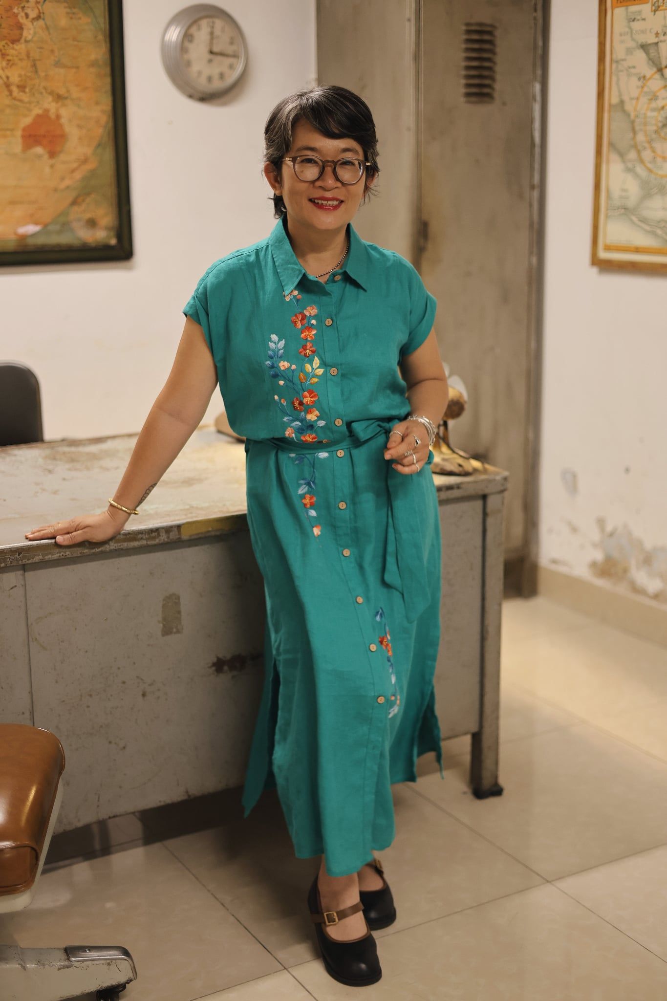  Đầm chemise linen thêu tay Đăng Tiêu - Xanh Lơ 