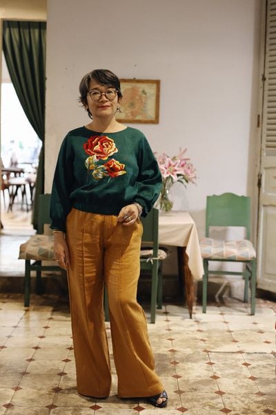  Áo lửng linen thêu tay Hồng Nhung - Xanh Ve tay dài 