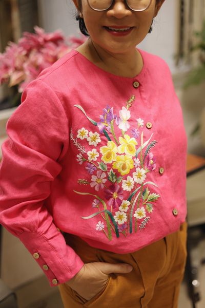  Áo linen thêu tay Alice Posy - tay nhúng Hồng sen 