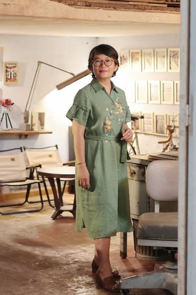  Đầm chemise linen thêu tay pansee - tay bèo Matcha 