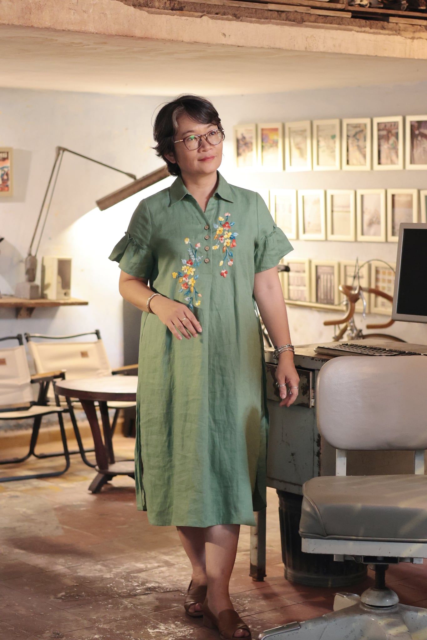  Đầm chemise linen thêu tay pansee - tay bèo Matcha 