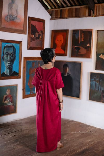  Đầm Muse linen đi tiệc thêu tay Bạch Thiên Hương - Đỏ Vang 