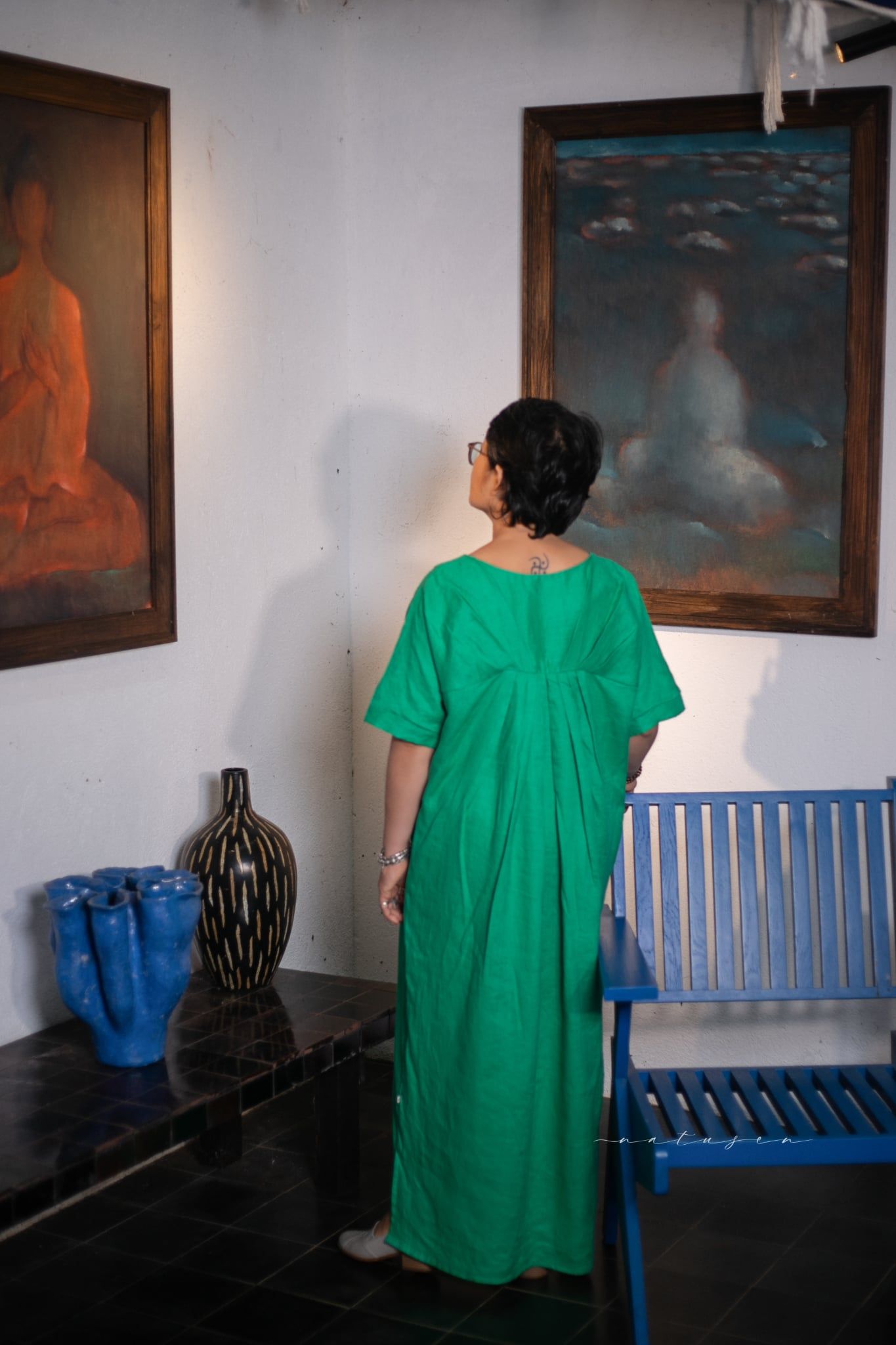  Đầm Muse linen đi tiệc thêu tay Hoa Dâu - Xanh Lý 