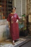  Đầm linen suông đỏ rượu thêu tay Lan bướm 