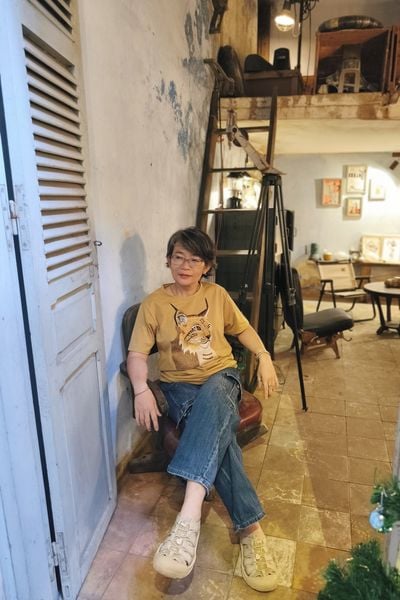  Áo thun vàng Mustard thêu tay Mèo Lynx 