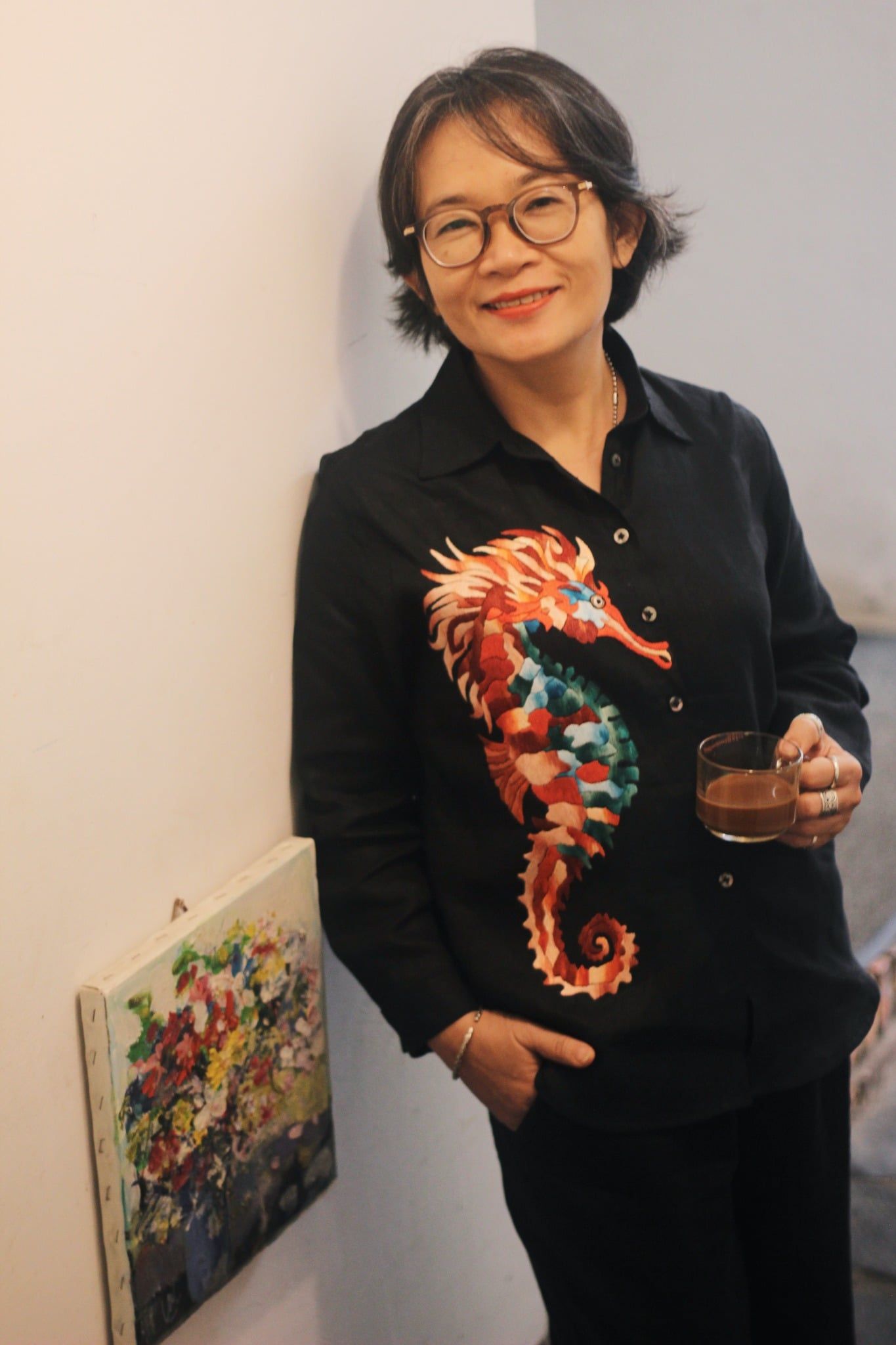  Áo chemise Đen thêu tay Hải Vương 