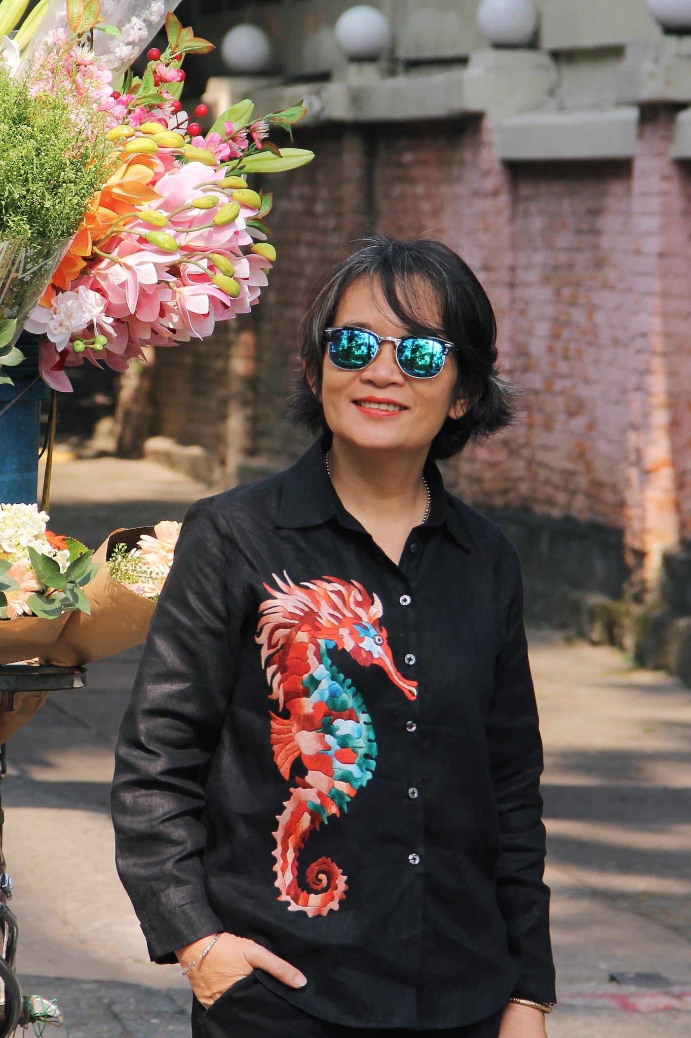 Áo chemise Đen thêu tay Hải Vương 