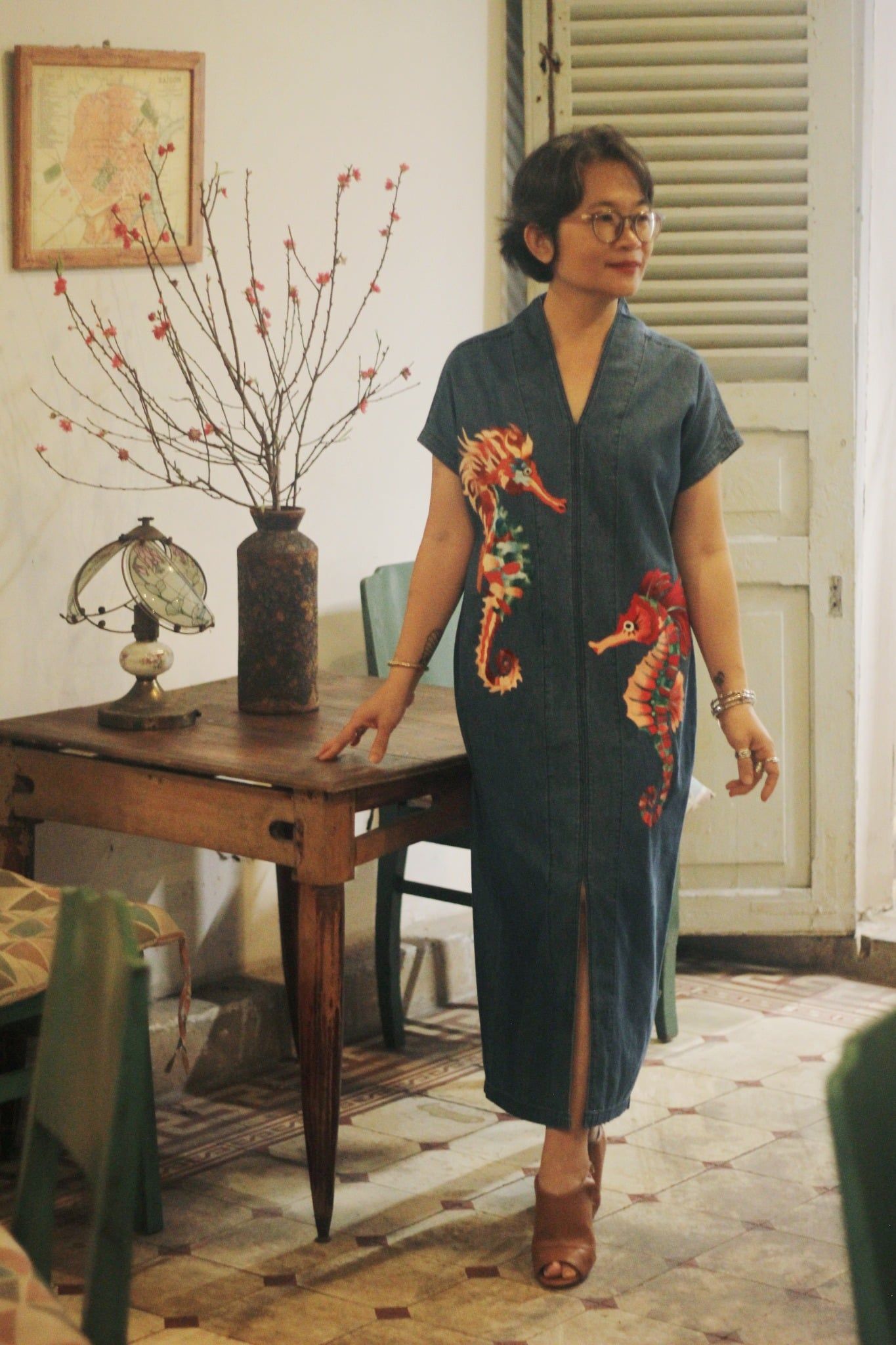  Đầm Yuna Kimono denim thêu tay Hải Vương Hải Hậu 